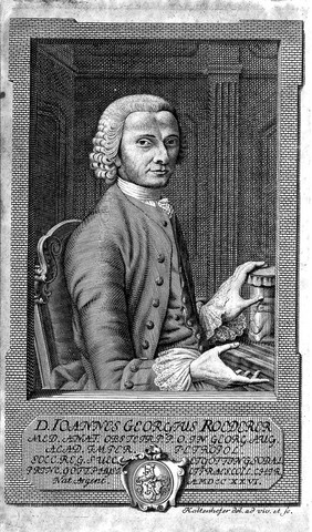 Johann Georg Roederer, professor of anatomy and midwifery at Goettingen, with left hand on glass jar containing foetus. Engraving by J.P. Kaltenhofer after himself.