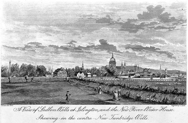 Sadler's Wells and the New River, with the city in the background. Engraving by A. Cruse after B. Lens, 1730.