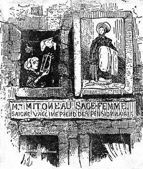 The workplace of a female healer (midwife and surgeon), with signboard, from outside. Reproduction of wood engraving after H. Daumier, 1841.