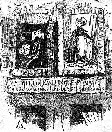 The workplace of a female healer (midwife and surgeon), with signboard, from outside. Reproduction of wood engraving after H. Daumier, 1841.