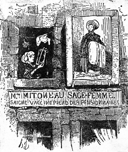 The workplace of a female healer (midwife and surgeon), with signboard, from outside. Reproduction of wood engraving after H. Daumier, 1841.