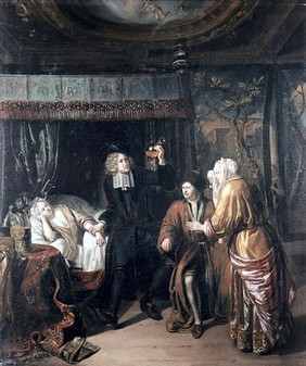 A physician at the bedside of a young woman. Oil painting by Matthijs Naiveu.