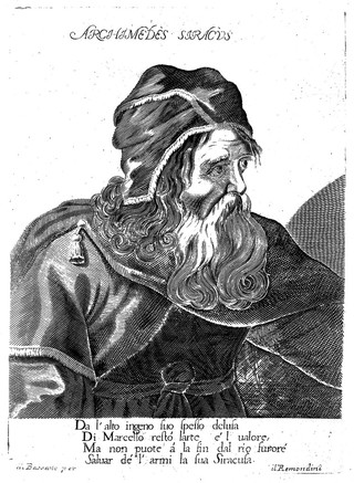 Archimedes Siracus. Line engraving by Remondini.
