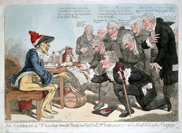 Physicians expressing their thanks to influenza. Coloured etching attributed to Temple West, 1803.