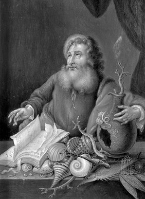 A man with coral, shells, fish, and a book. Oil painting by a German (?) painter, 17th (?) century.