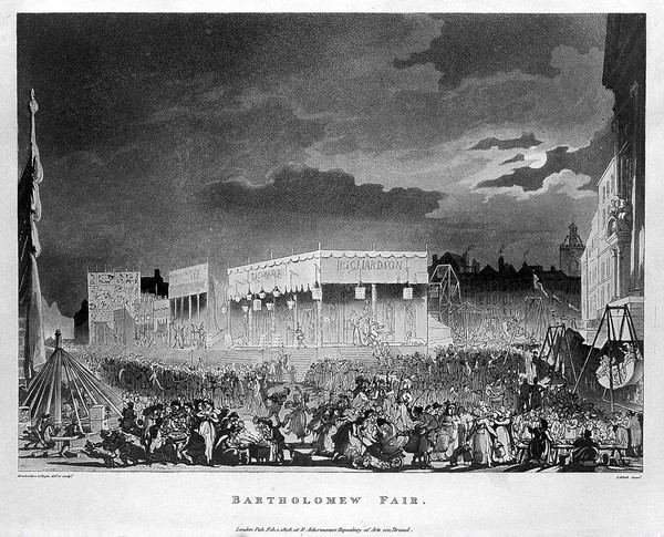 Bartholomew Fair, London: scene of night-time revelry at the fair in Smithfield, outside St Bartholomew's Hospital. Coloured aquatint by J. Bluck after A. Pugin and T. Rowlandson, 1808.