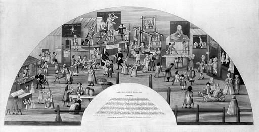 Bartholomew Fair, site of St. Bartholomew's Hospital, London, pictured in 1721. Aquatint with etching, c. 1800.
