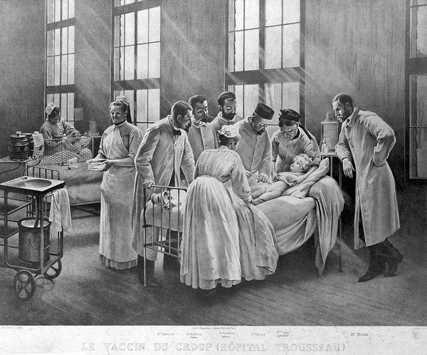 An injection against croup at the Hôpital Trousseau, Paris. Lithograph by E. Buval after P.A.A. Brouillet.