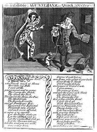 Hans Buling (?), an itinerant medicine vendor selling his wares with the aid of a monkey and a performer dressed as Harlequin. Engraving.
