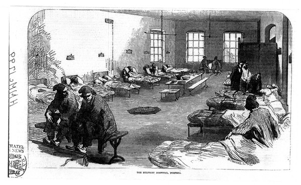 A hospital ward in the military hospital, Portsea. Wood engraving by W. Thomas, 1855.