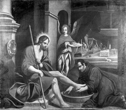 A Franciscan friar washing Christ's feet in a hospital. Oil painting by an Italian painter, 18th century.