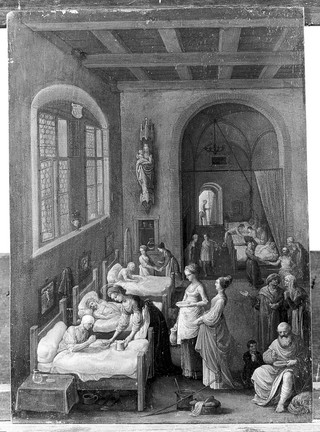 Saint Elizabeth of Hungary bringing food for the inmates of a hospital. Oil painting by Adam Elsheimer, ca. 1598.
