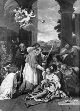 Saint Carlo Borromeo ministering to the plague victims. Oil painting by or after Pierre Mignard the elder.