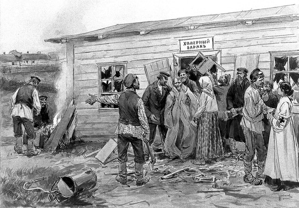 An incident at a Russian cholera barracks. Pen drawing by I.A. Wladimiroff.