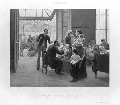 A doctor vaccinating children in a clinic, other mothers and children are waiting, in the background is a man getting serum from a cow. Photogravure after J. Scalbert, 1890.