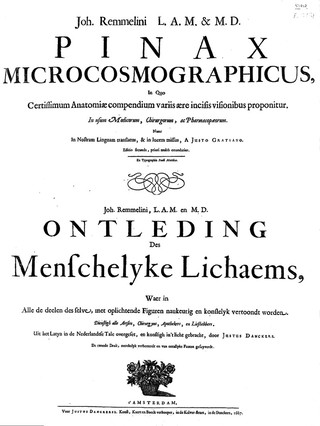 Pinax microcosmographicus, in quo certissimum anatomiae compendium variis aere incisis visionibus proponitur. In usum medicorum, chirurgorum, ac pharmacopaeorum / Nunc in nostram linguam translatus, et in lucem missus, a Justo Gratiano.