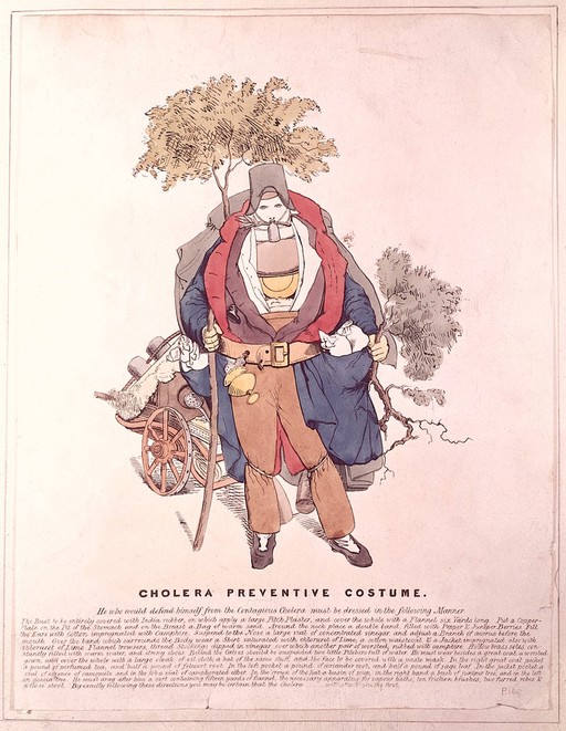 A figure dressed in a cholera safety suit. Coloured etching.