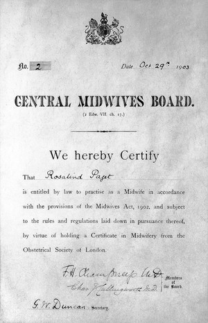 view Rosalind Paget, portrait and certificate.

Photographs supplied by Mrs J. Donaldson, 29th October 1903