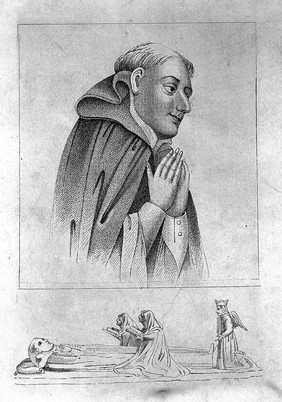 Rahere (above); his tomb effigy (below). Stipple engraving.