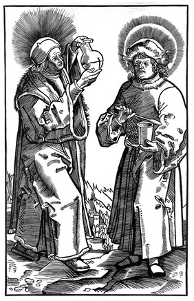 Saint Cosmas and Saint Damian, from a woodcut.