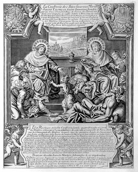 Saint Cosmas and Saint Damian tending the frail and the sick. Line engraving by N. Picart, 1675.