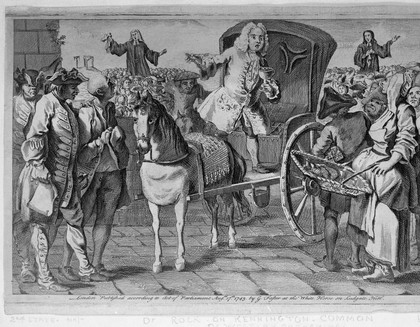 Doctor Rock, a vendor of medicines, selling his wares from a horse-drawn carriage to a crowd at Kennington common: John and Charles Wesley are preaching in the background. Engraving, 1743.