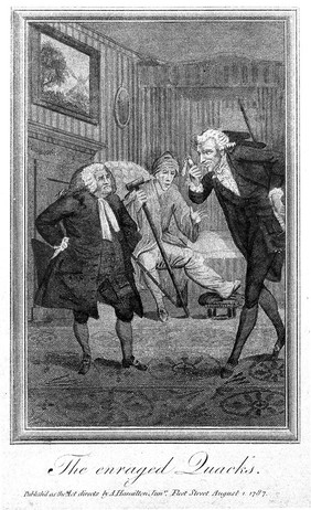 Two angry medical practitioners arguing about opposing methods in front of a gouty (?) patient. Coloured engraving, 1787.