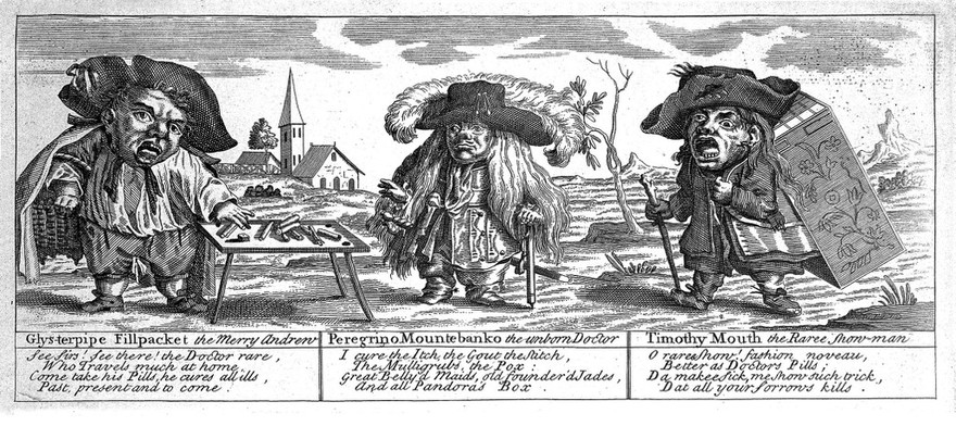 Glysterpipe Fillpacket, Peregrino Mountebanko and Timothy Mouth: three dwarfs as itinerant medicine vendors selling their wares. Engraving.