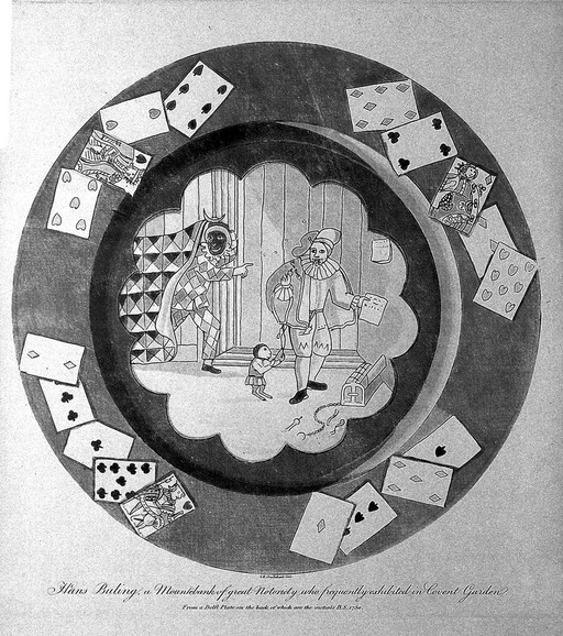 Hans Buling, an itinerant medicine vendor, dressed in theatrical costume whilst selling his wares, assisted by another costumed person and a monkey. Engraving by I.R. Cruikshank after a Delft plate by B.S., 1750.