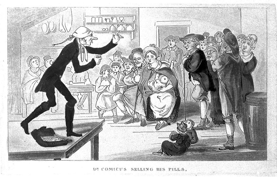 An itinerant medicine vendor in England selling his wares inside a country inn. Coloured etching by T. Illman.