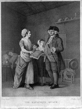 A greedy medical practitioner demanding a section of bread or cake (?) for payment from a poor family. Stipple engraving by J. Baldrey, 1784, after E. Penny.