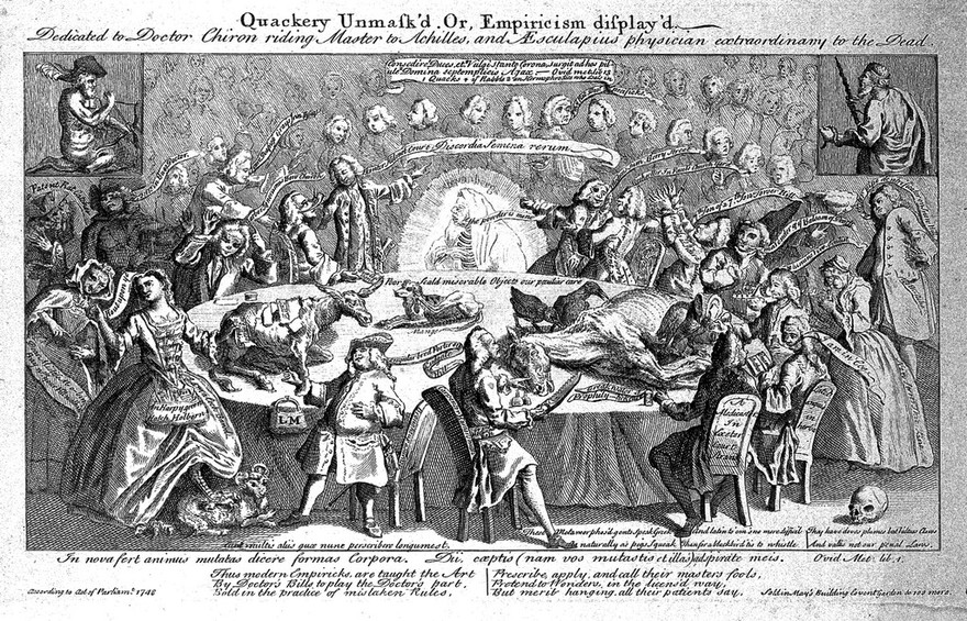 A large table in a lecture hall with many commercial medicine vendors and practitioners seated around it: in the background are many tiers of spectators. Engraving, 1748.