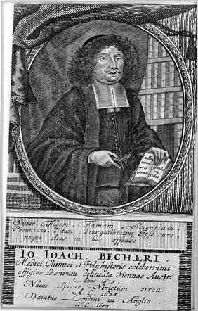 Johann Joachim Becher. Line engraving by W. P. Kilian, 1675.