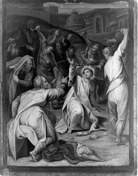 The stoning of St Stephen. Oil painting by or after L. Sabbatini.