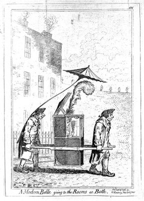 A fashionable young lady with large plume in her hat being carried through the town in a sedan chair. Etching, c. 1796.