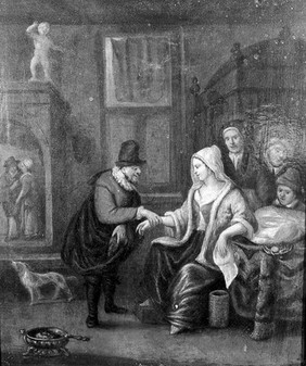 A medical practitioner taking a woman's pulse. Oil painting by a follower of Jan Havickz. Steen.