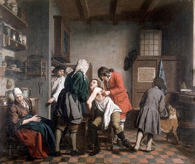 Interior with a surgeon and his apprentice attending to a patient. Oil painting by Jan Josef Horemans, 1722.
