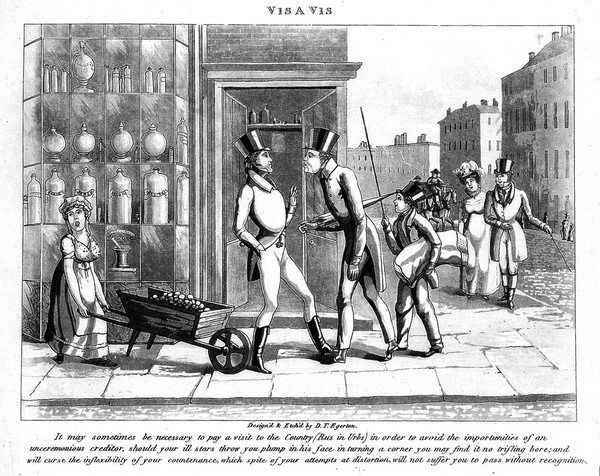 A young man outside a pharmacy and unfortunately bumping into his creditor. Aquatint by D.T. Egerton after himself.
