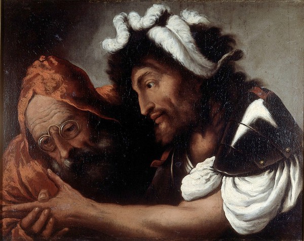 A fortune-teller reading the palm of a soldier. Oil painting by Pietro Della Vecchia.