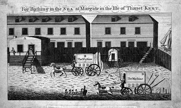 Sea-bathing machine at Margate, with captions.