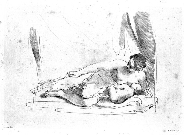 A woman lying down breast-feeding her baby. Etching by F. Bartolozzi after G.F. Barbieri, il Guercino.