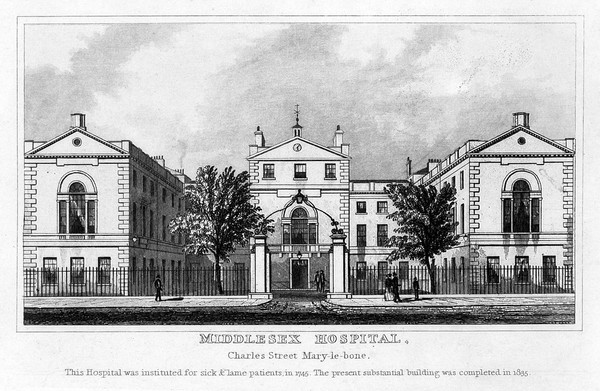 The Middlesex Hospital: seen from the south. Coloured engraving.