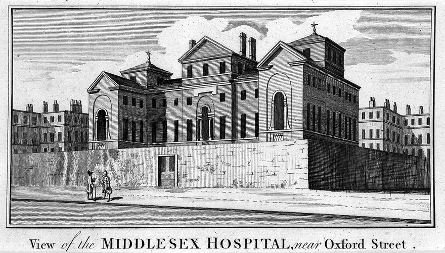 The Middlesex Hospital: seen from the south-east. Engraving.