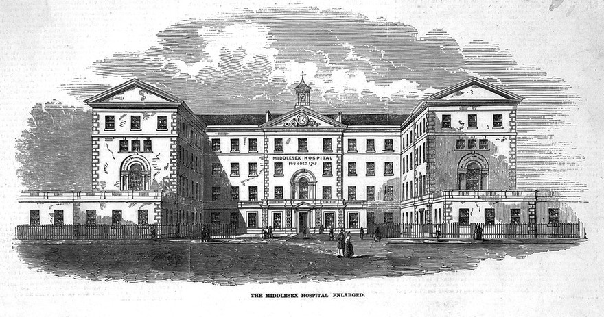 The Middlesex Hospital: seen from the south. Wood engraving.