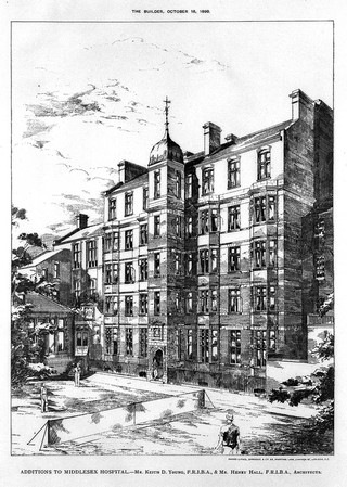 The Middlesex Hospital: additions to the old building, a game of tennis in progress in the foreground. Photo-lithograph, 1890.