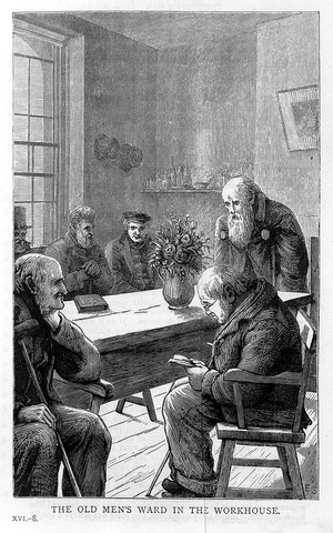 view The old men's ward in a Workhouse. This print is to illustrate a story but could have been drawn from life.