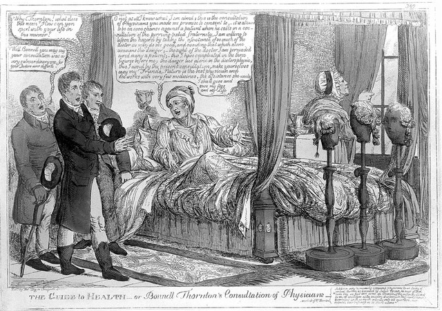 Bonnell Thornton lying ill in bed, consulting three physicians and pointing out their inadequacies. Coloured etching attributed to C. Williams.