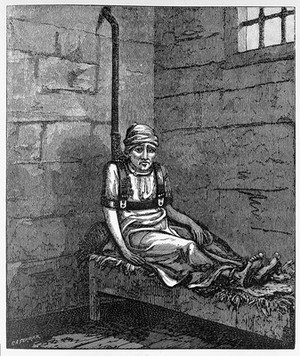 view William Norris confined in Bethlem Hospital for 12 years. From etching by G. Cruikshank, circa 1820 after drawing from the life by G. Arnald 1814.