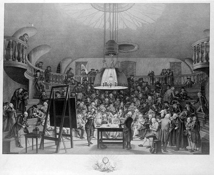 J.H. van Swinden demonstrating the generation of electricity to the Felix Meritis Society, Amsterdam. Engraving by R. Vinkeles after J. Kuyper and P.P. Barbiers.