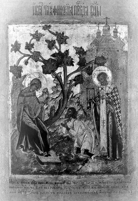 The Virgin of Tikhvin telling the sexton Yurosh to put a wooden cross, not an iron one, on the roof of the church. Tempera painting.